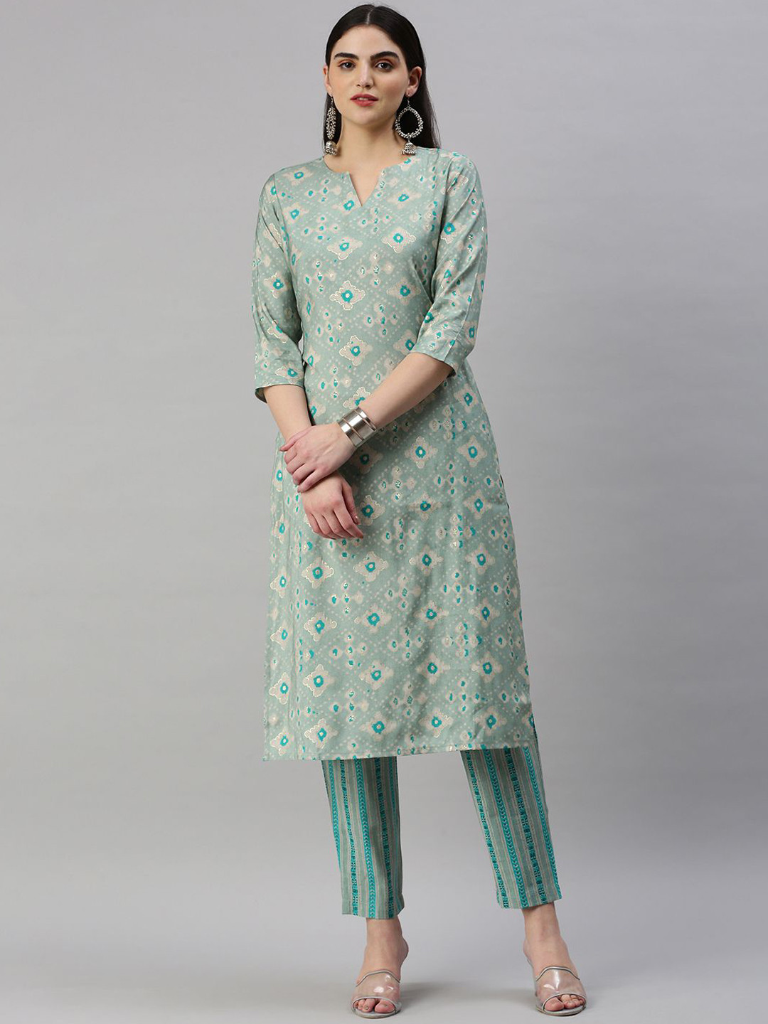 

KALINI Women Striped Regular Chanderi Cotton Kurta with Trousers, Grey