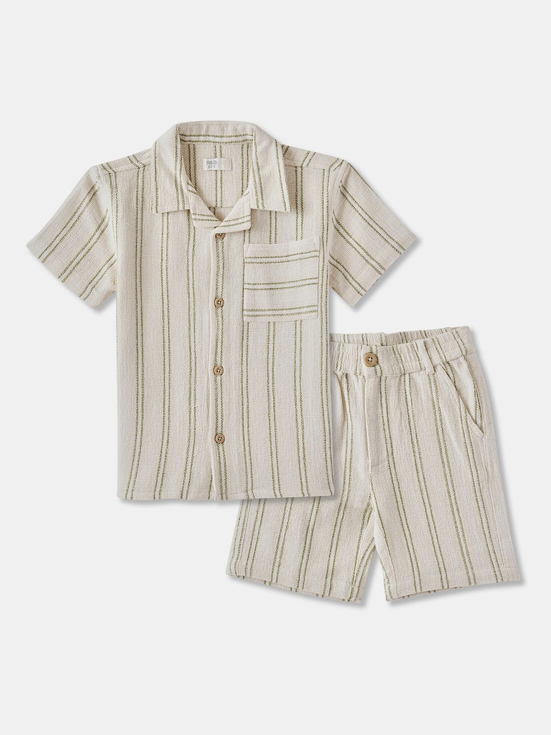 

R&B Boys Striped Pure Cotton Shirt With Shorts, Beige