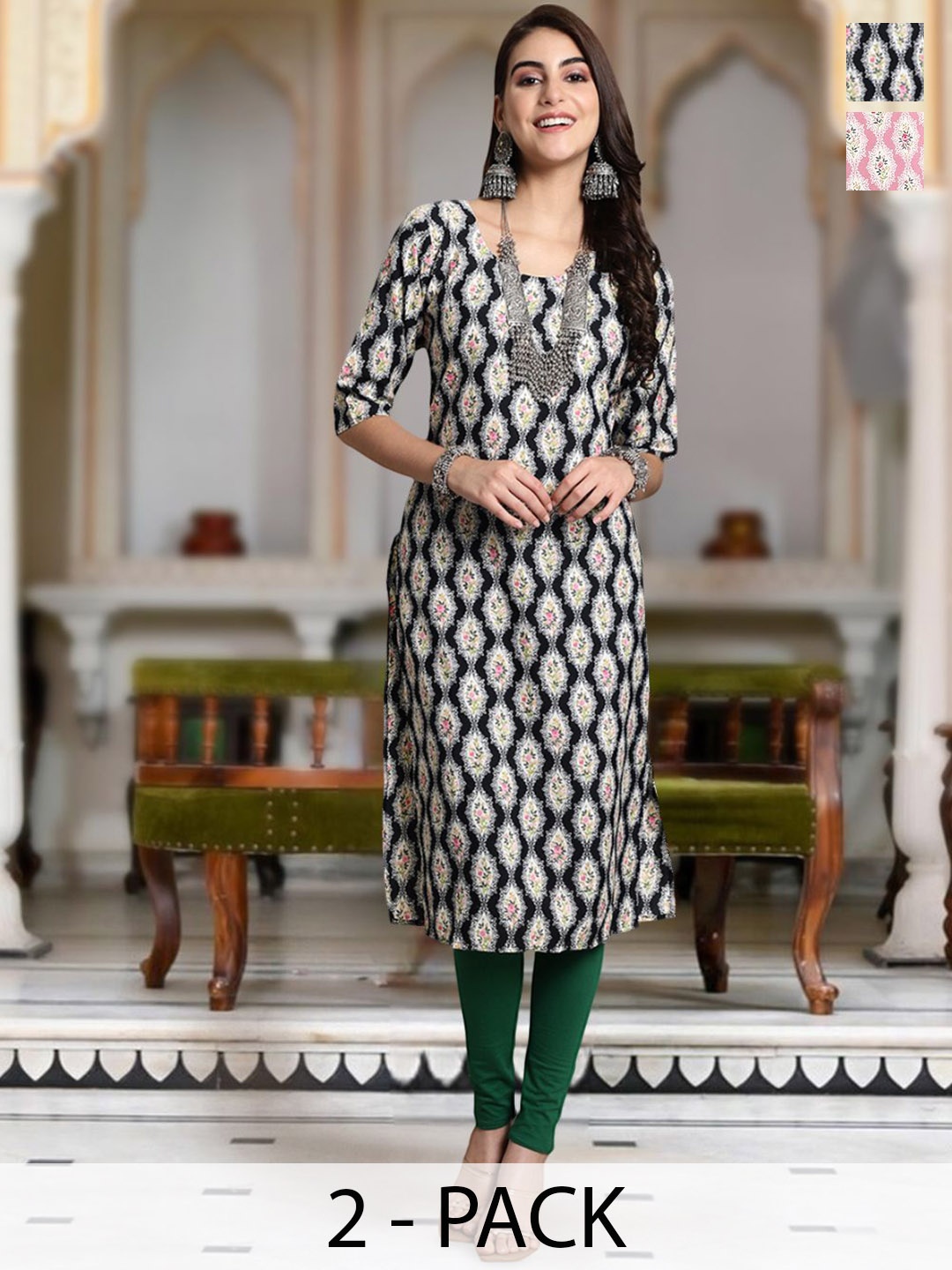 

Moda Rapido Selection Of 2 Floral Printed Round Neck Straight Kurtas, Navy blue