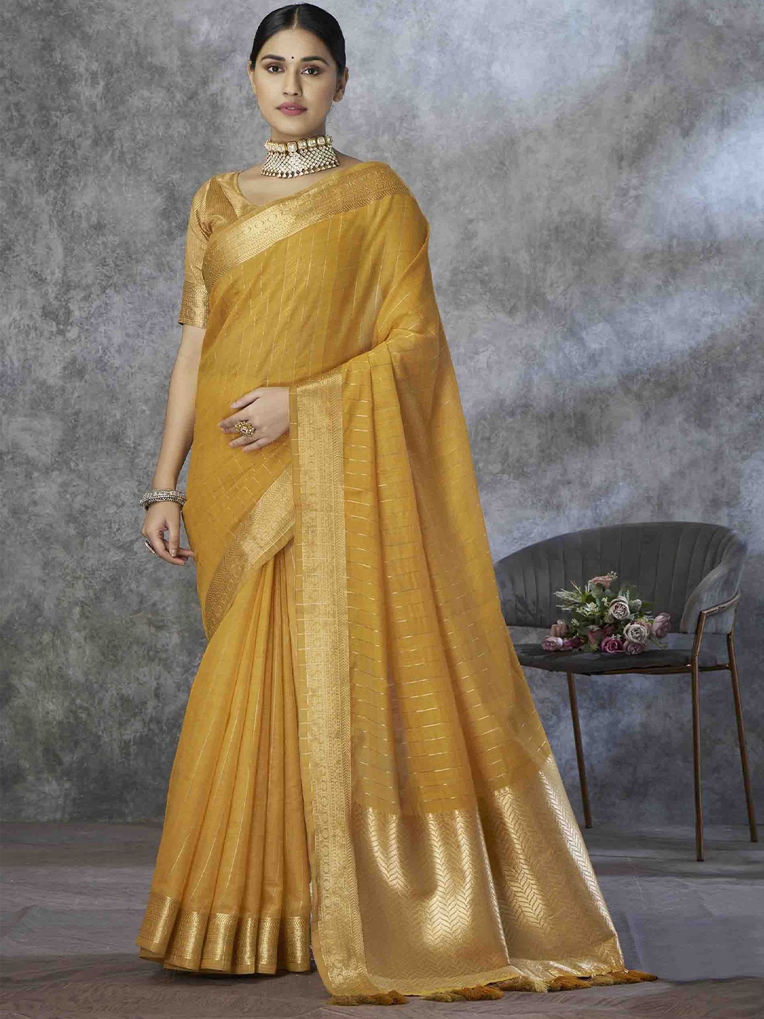 

KIMISHA Striped Zari Silk Blend Saree, Mustard