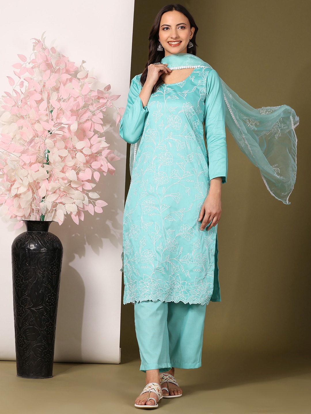 

Mamicha Women Embroidered Regular Thread Work Pure Cotton Kurta with Palazzos & With Dupatta, Blue