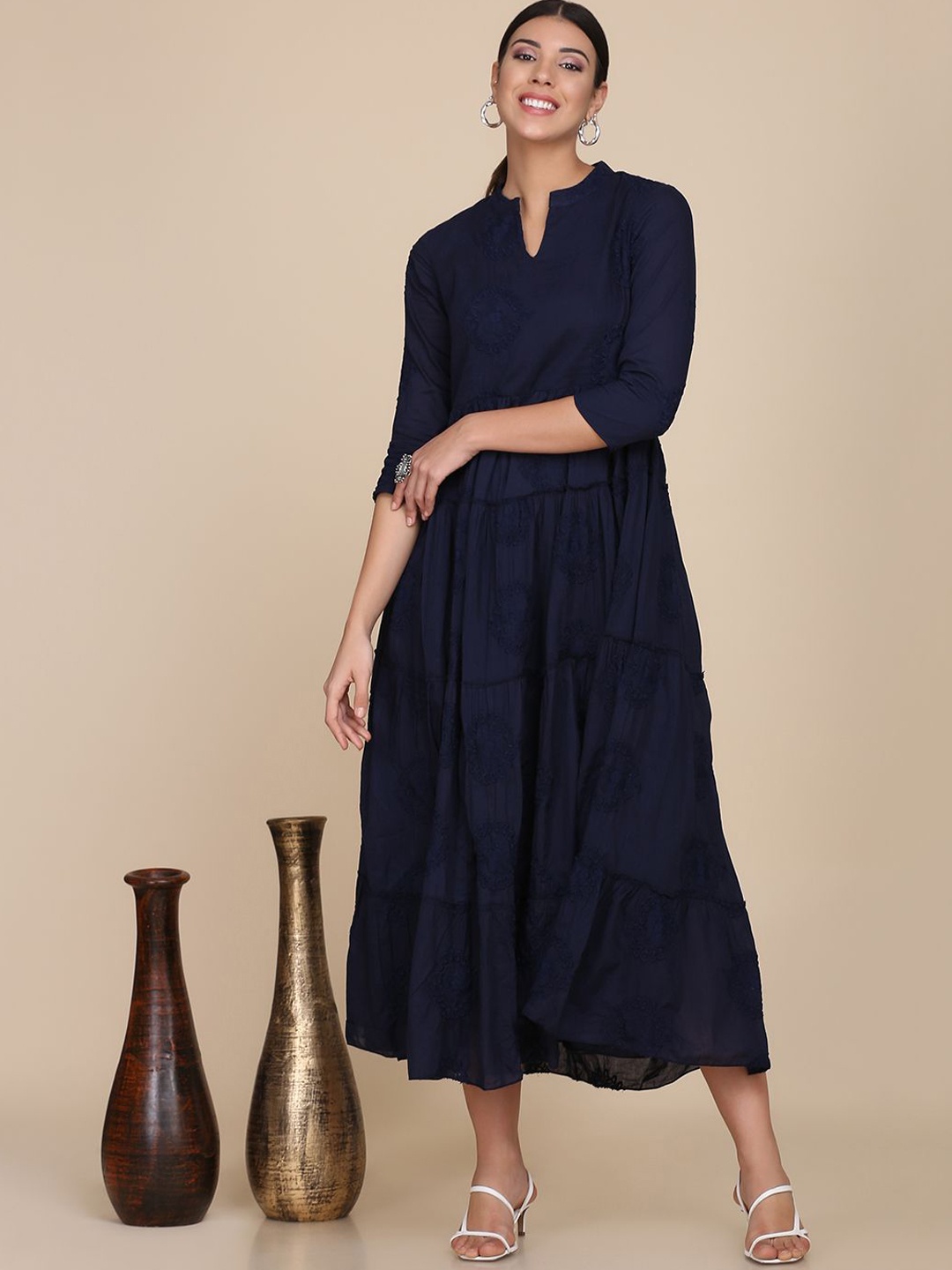 

KALINI Floral Embroidered Layered Thread Work Pure Cotton Fit And Flare Ethnic Dress, Navy blue