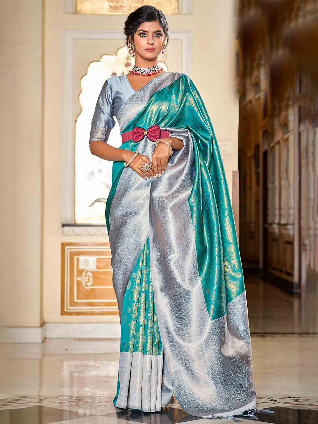 

FASHION STROM Woven Design Silk Blend Designer Banarasi Saree, Teal