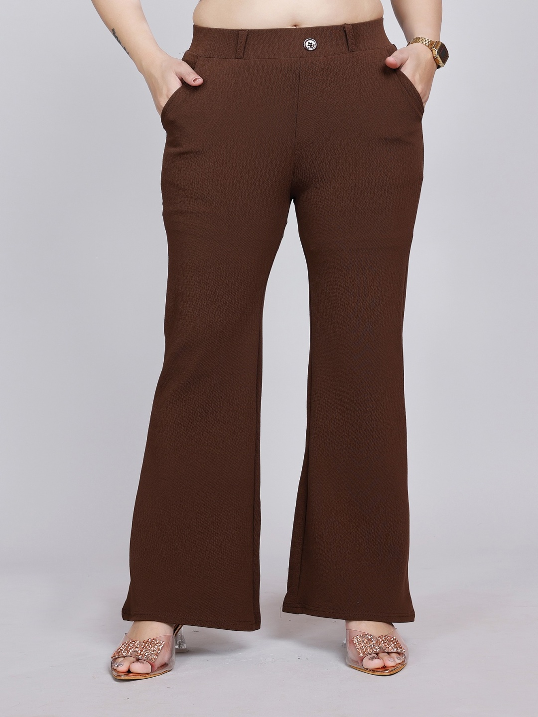 

NU CLOTHS Women Relaxed Straight Leg High-Rise Trousers, Brown