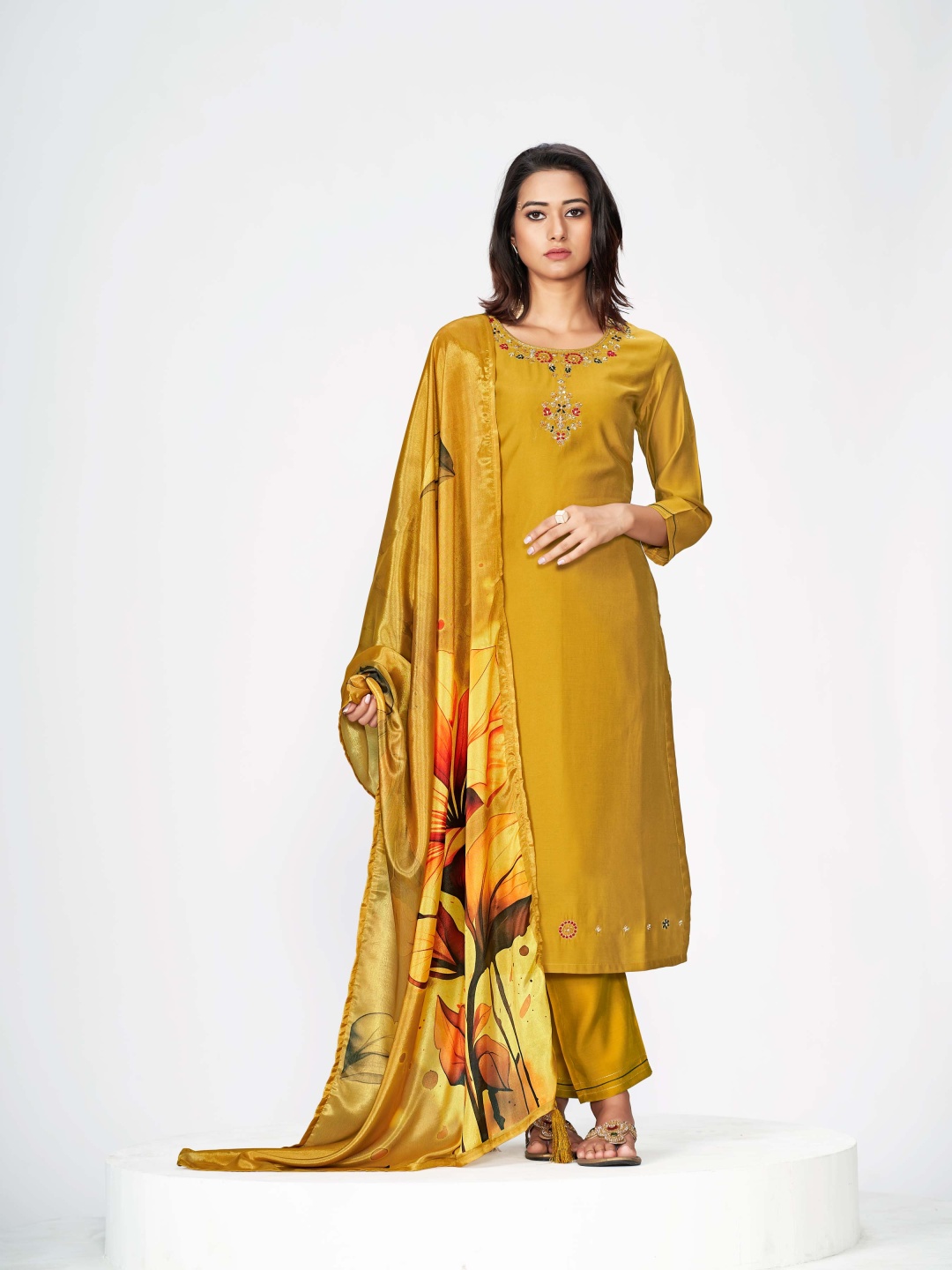 

ORUS Women Embroidered Regular Thread Work Pure Silk Kurta with Trousers & With Dupatta, Mustard