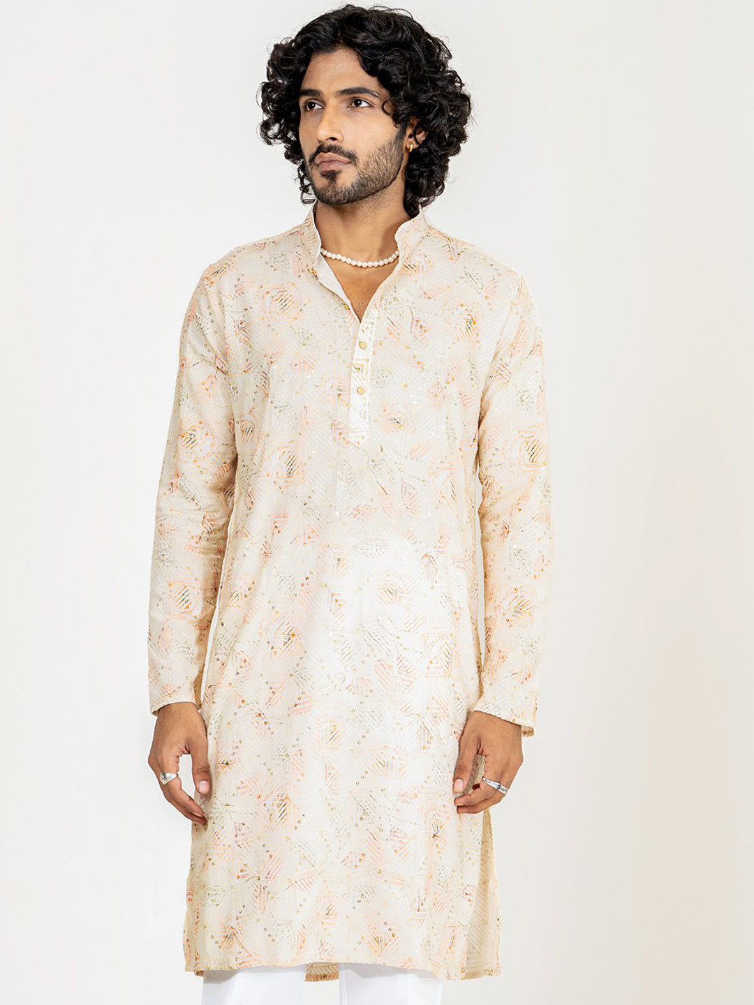

Tistabene Men Floral Printed Sequinned Handloom Kurta, Orange