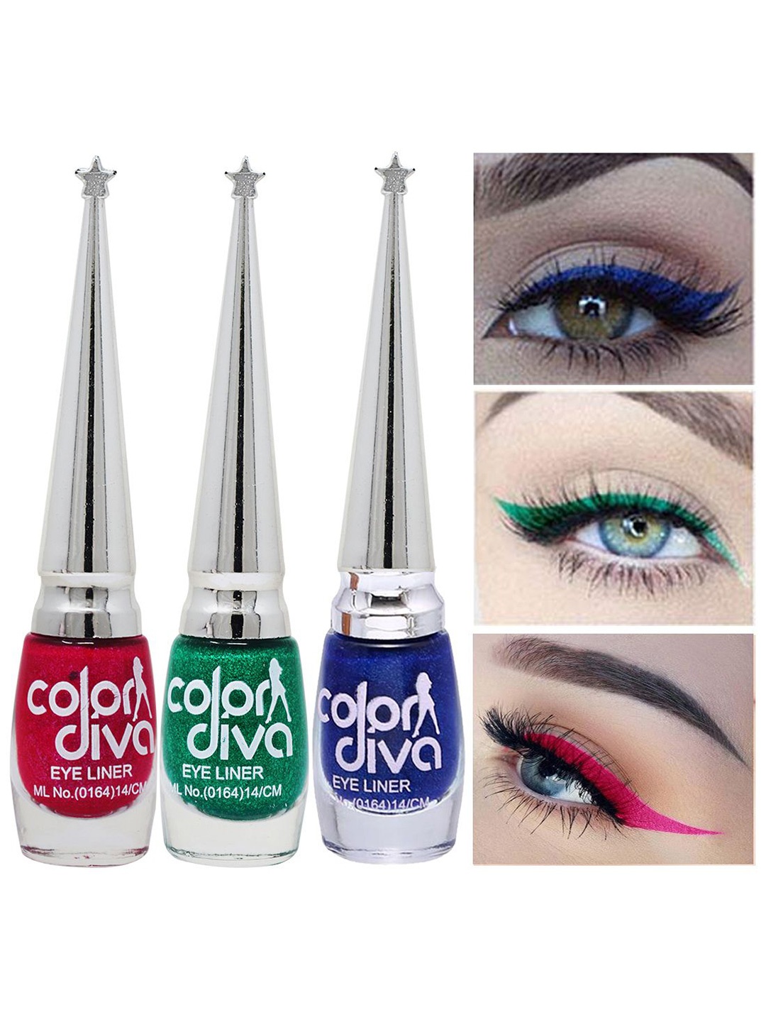 

Color Diva Set Of 3 Water Resistant Shimmer Liquid Eyeliner - 6 ml Each - Pink-Green-Blue