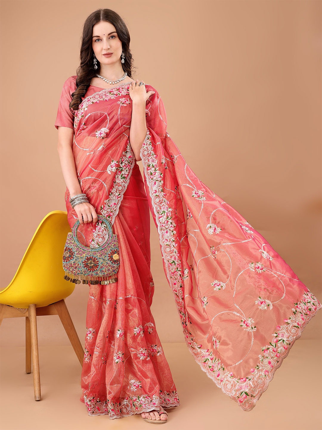 

devkison Designer Floral Embroidered Net Saree, Coral