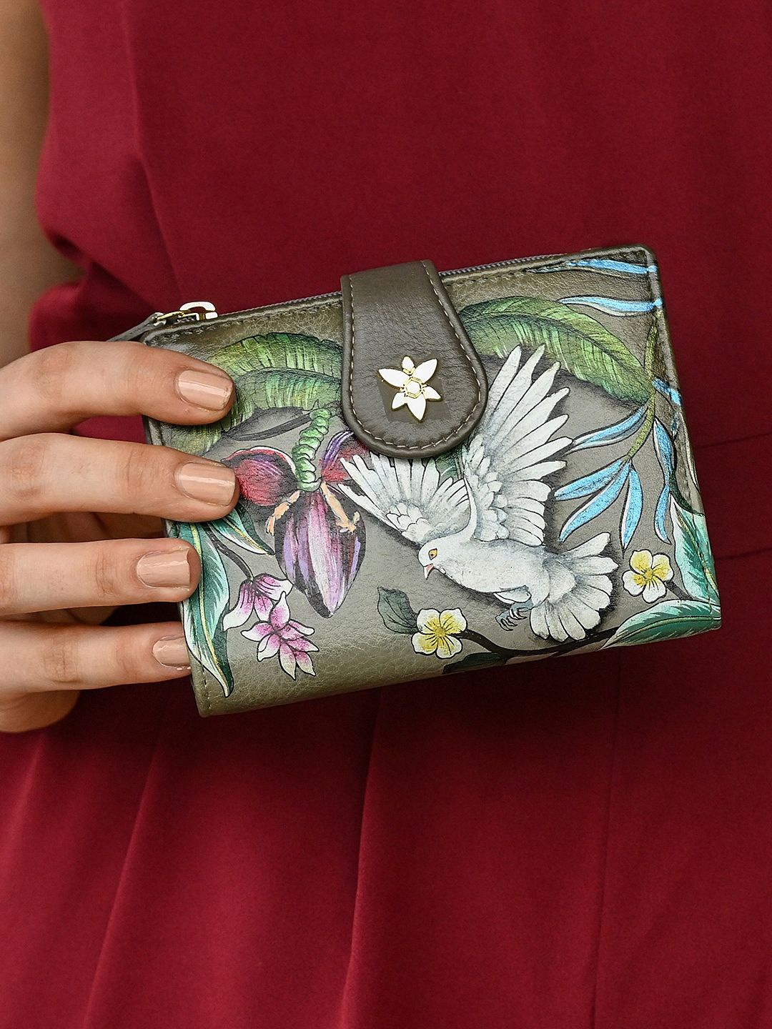 

Anuschka Hand Painted Wings of Peace Leather Two Fold Organizer Wallet, Grey