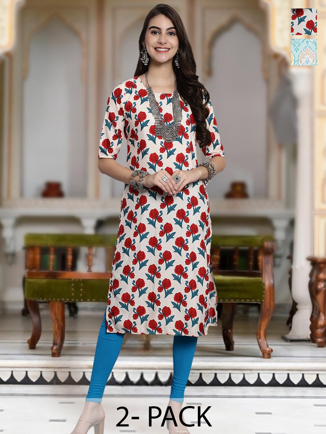 

Moda Rapido Selection Of 2 Floral Printed Round Neck Straight Kurta, Cream