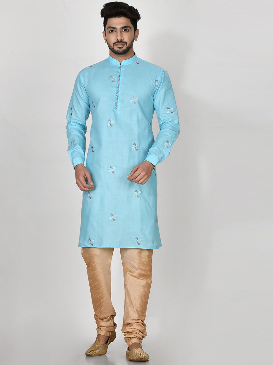 

RANAK Men Floral Embroidered Regular Thread Work Pure Cotton Kurta with Pyjamas, Blue