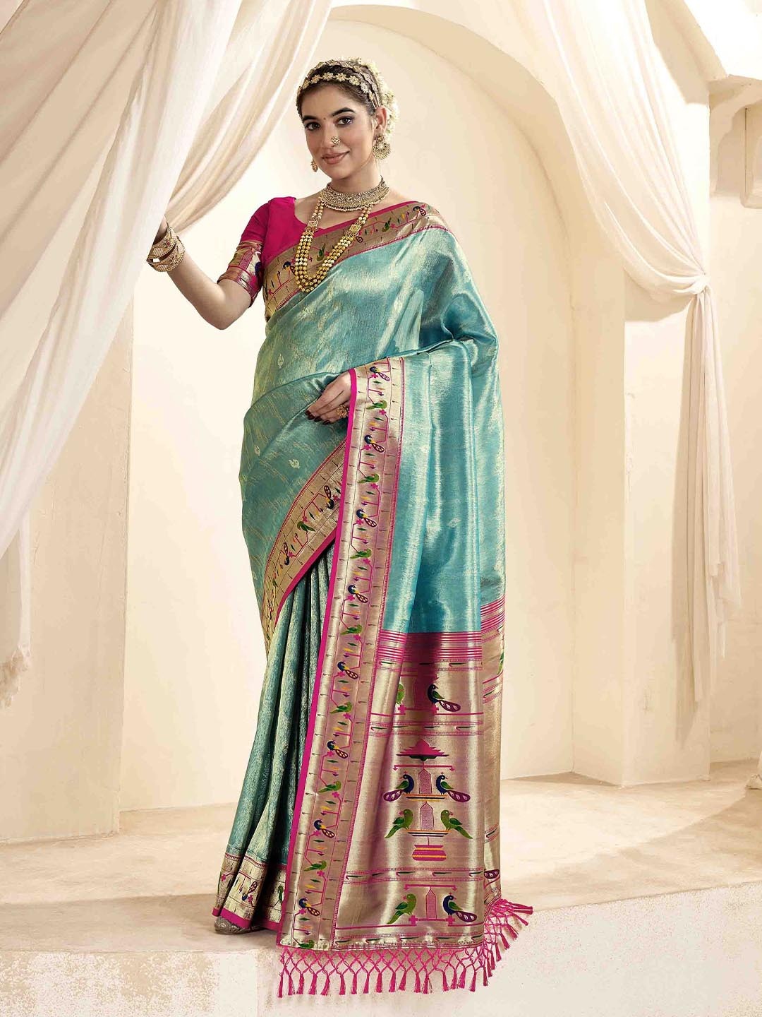

DIVASTRI Woven Design Zari Silk Blend Paithani Saree, Turquoise blue