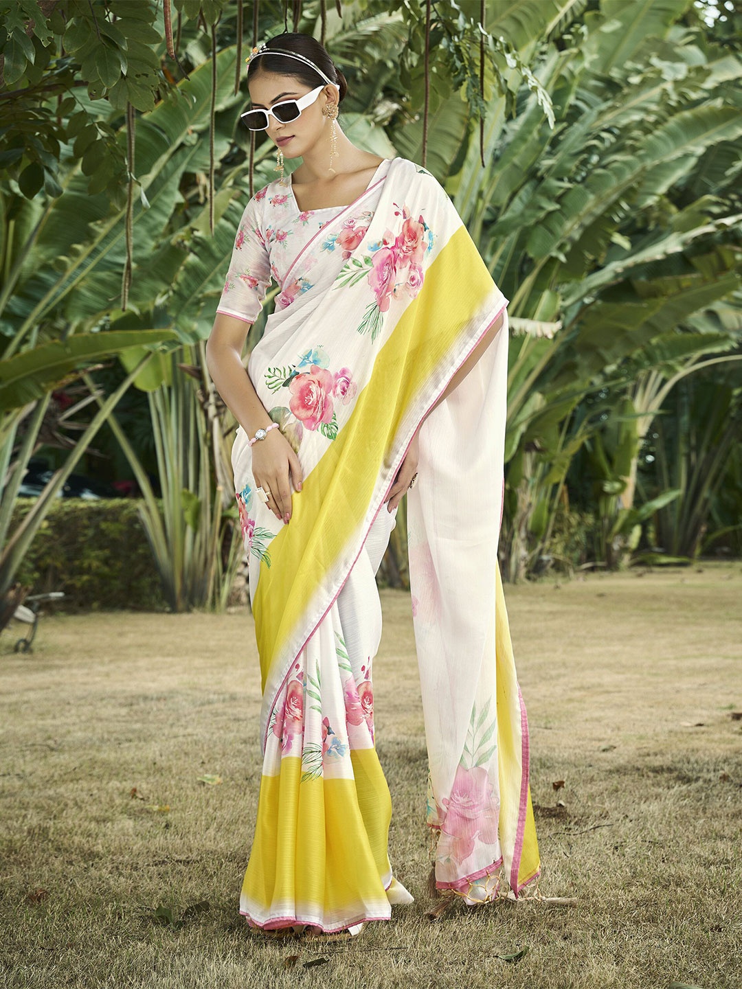 

TASRIKA Floral Satin Saree, Off white