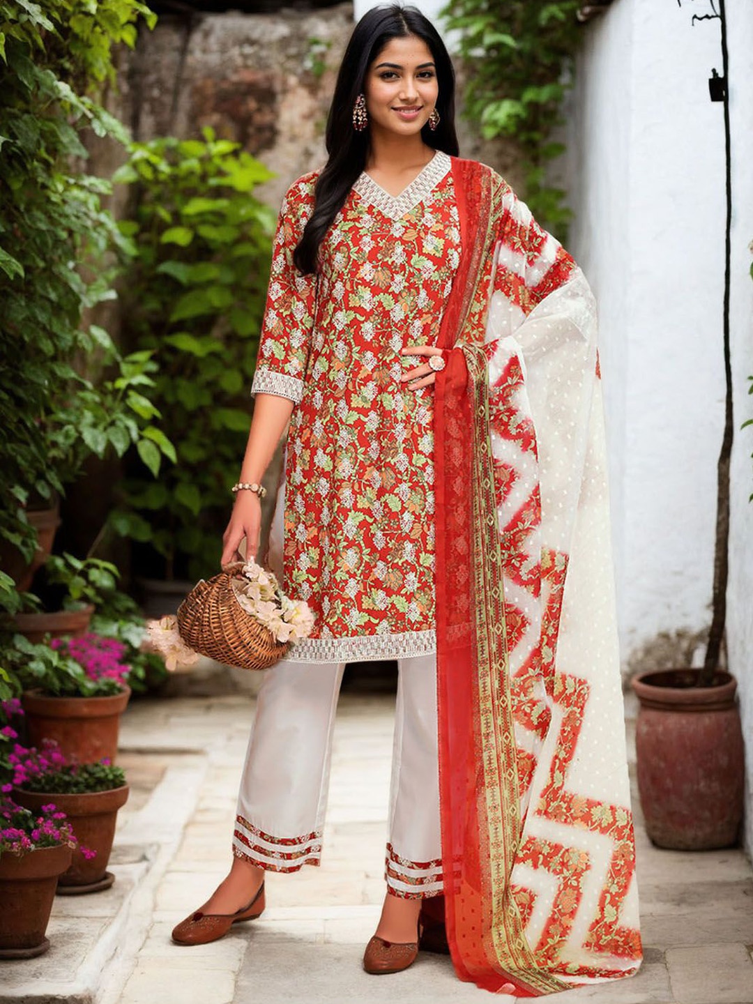 

Anouk Women Floral Embroidered Regular Chikankari Kurta with Palazzos & With Dupatta, Orange