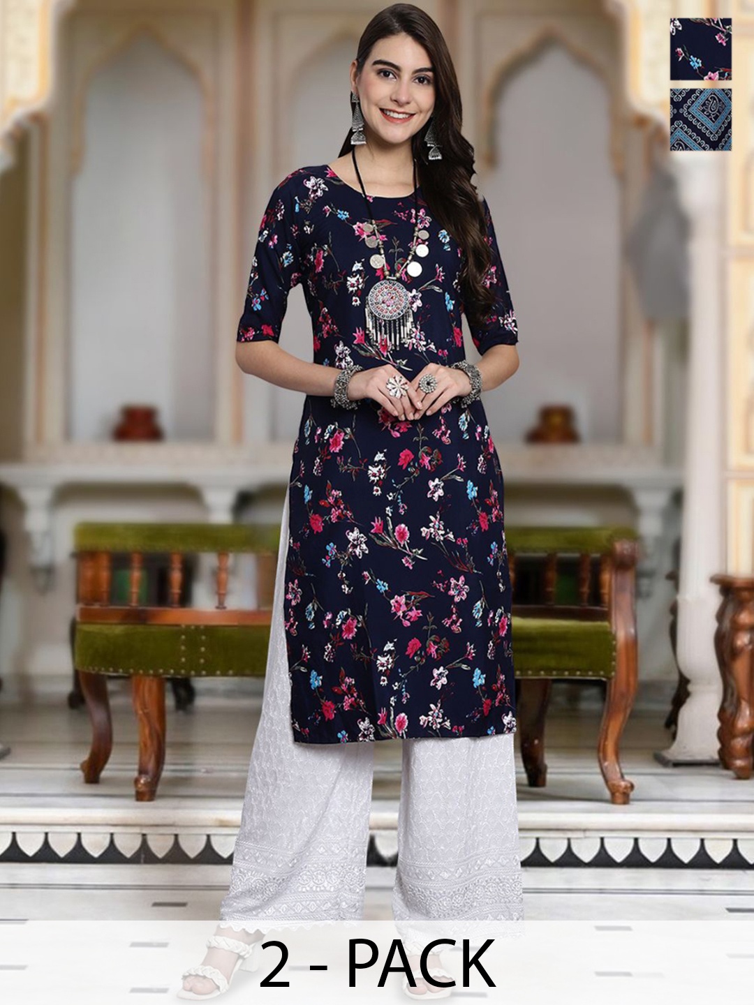 

Moda Rapido Selection Of 2 Floral Printed Round Neck Straight Kurtas, Multi