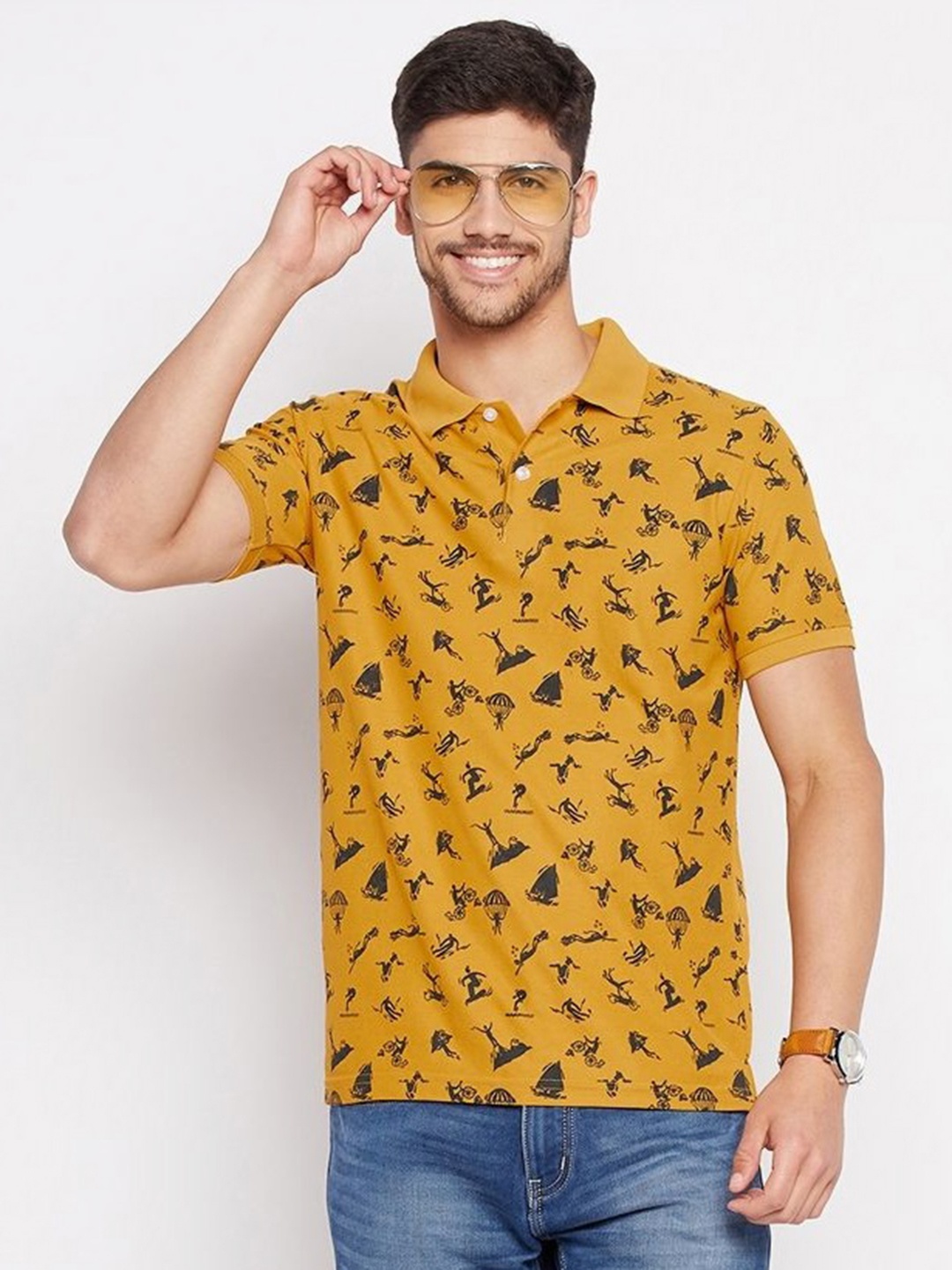 

XYRIS Men Printed Polo Collar T-shirt, Mustard