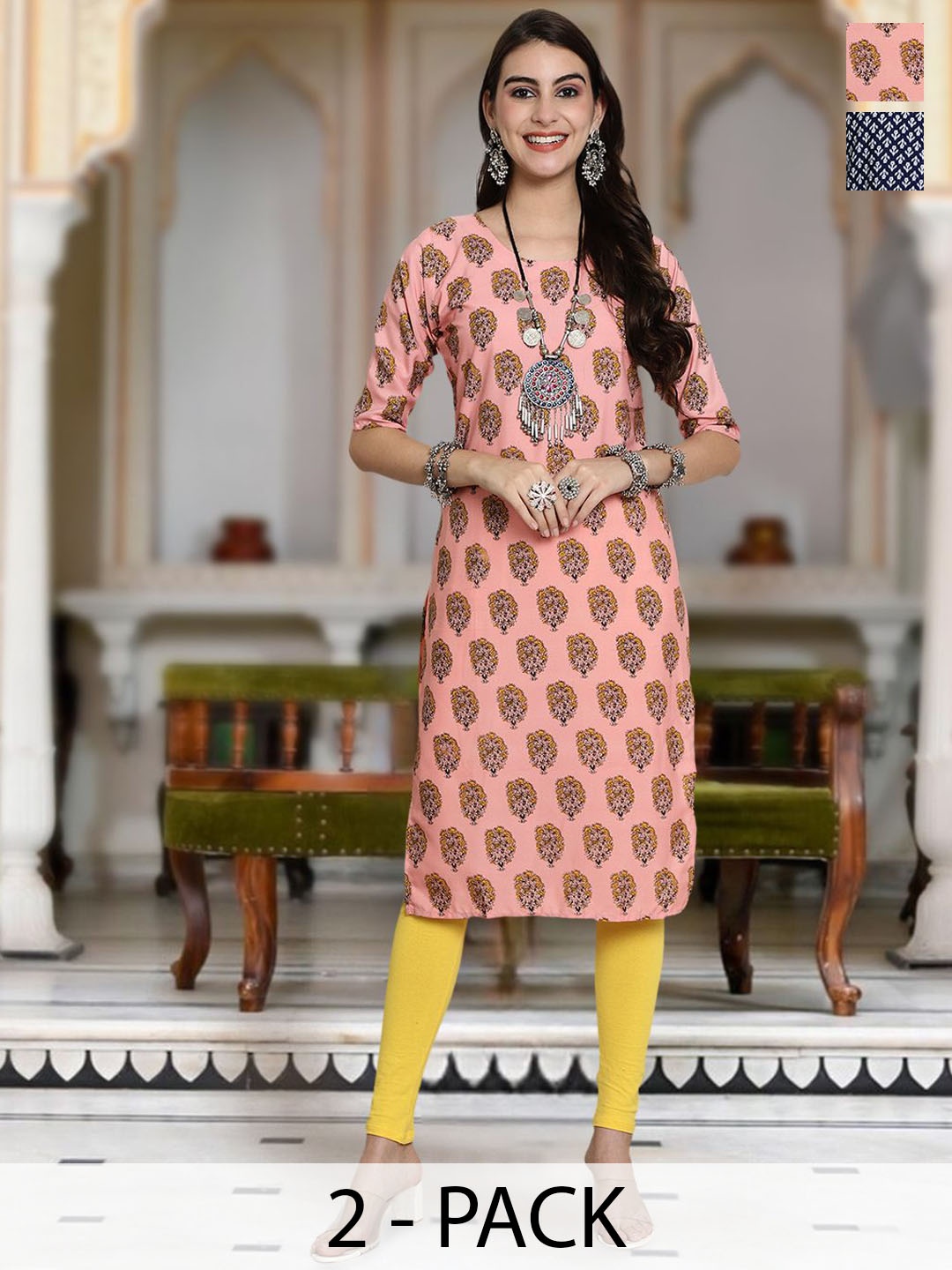 

Moda Rapido Selection Of 2 Floral Printed Round Neck Straight Kurta, Peach