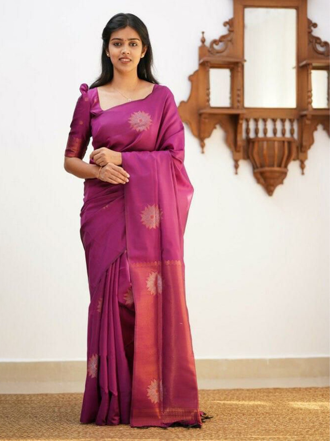 

VILLE FASHION Woven Design Zari Art Silk Kanjeevaram Saree, Pink
