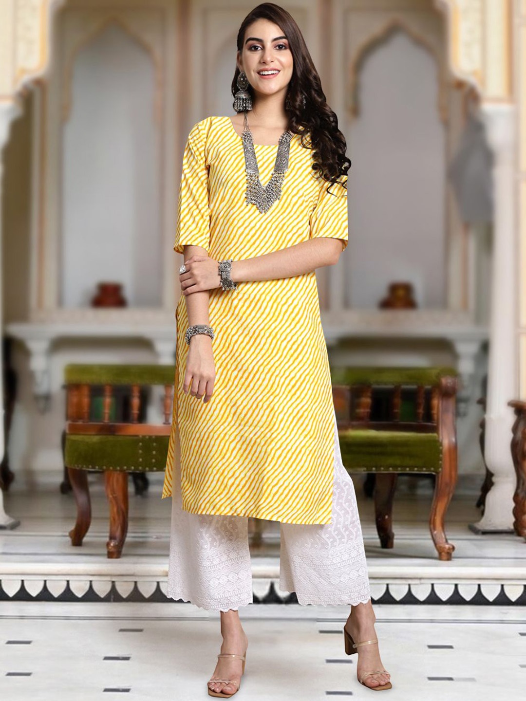

Moda Rapido Leheriya Printed Round Neck Straight Kurta, Yellow