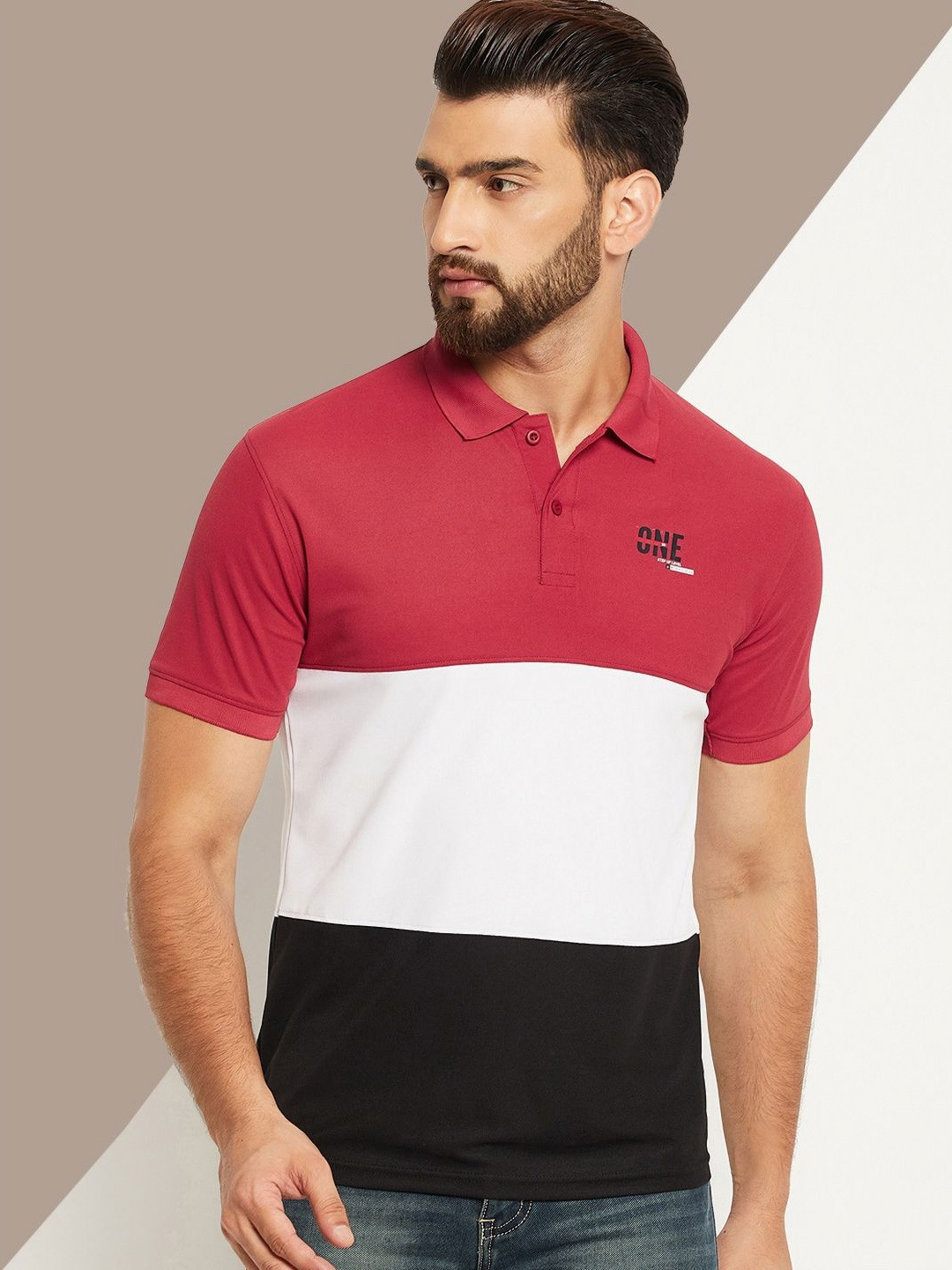 

OGEN Men Colourblocked Polo Collar Applique T-shirt, Maroon