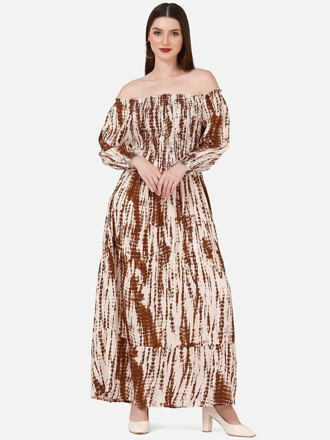 

YLCOMPANY Print Off-Shoulder Maxi Dress, Brown