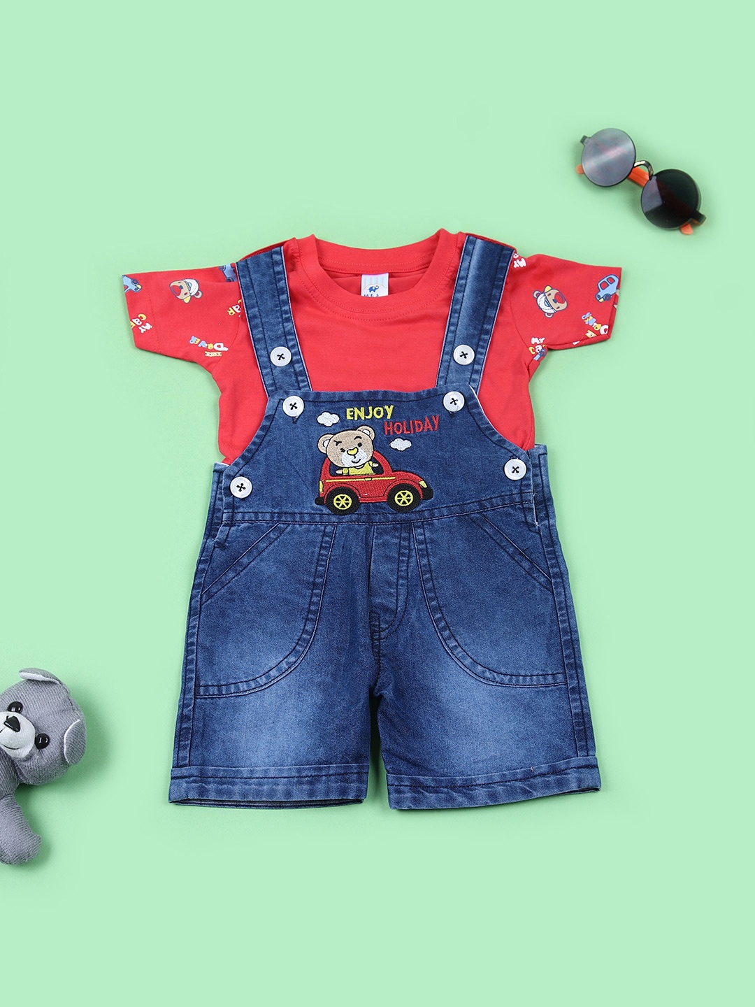 

V-Mart Infant Boys Embroidered Cotton Dungarees With T-Shirt, Red