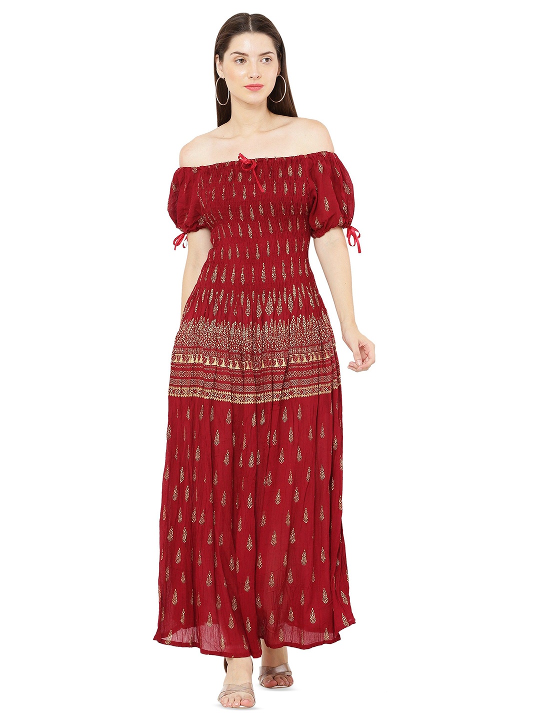 

YLCOMPANY Ethnic Motifs Print Off-Shoulder Maxi Dress, Multi