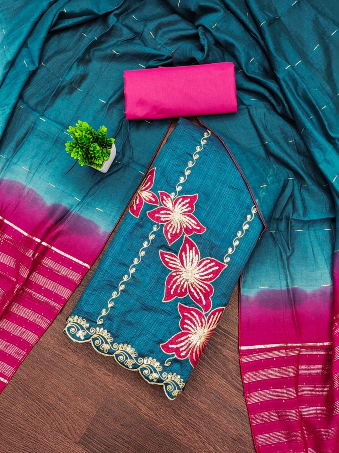 

KALINI Floral Embroidered Sequinned Unstitched Dress Material, Blue