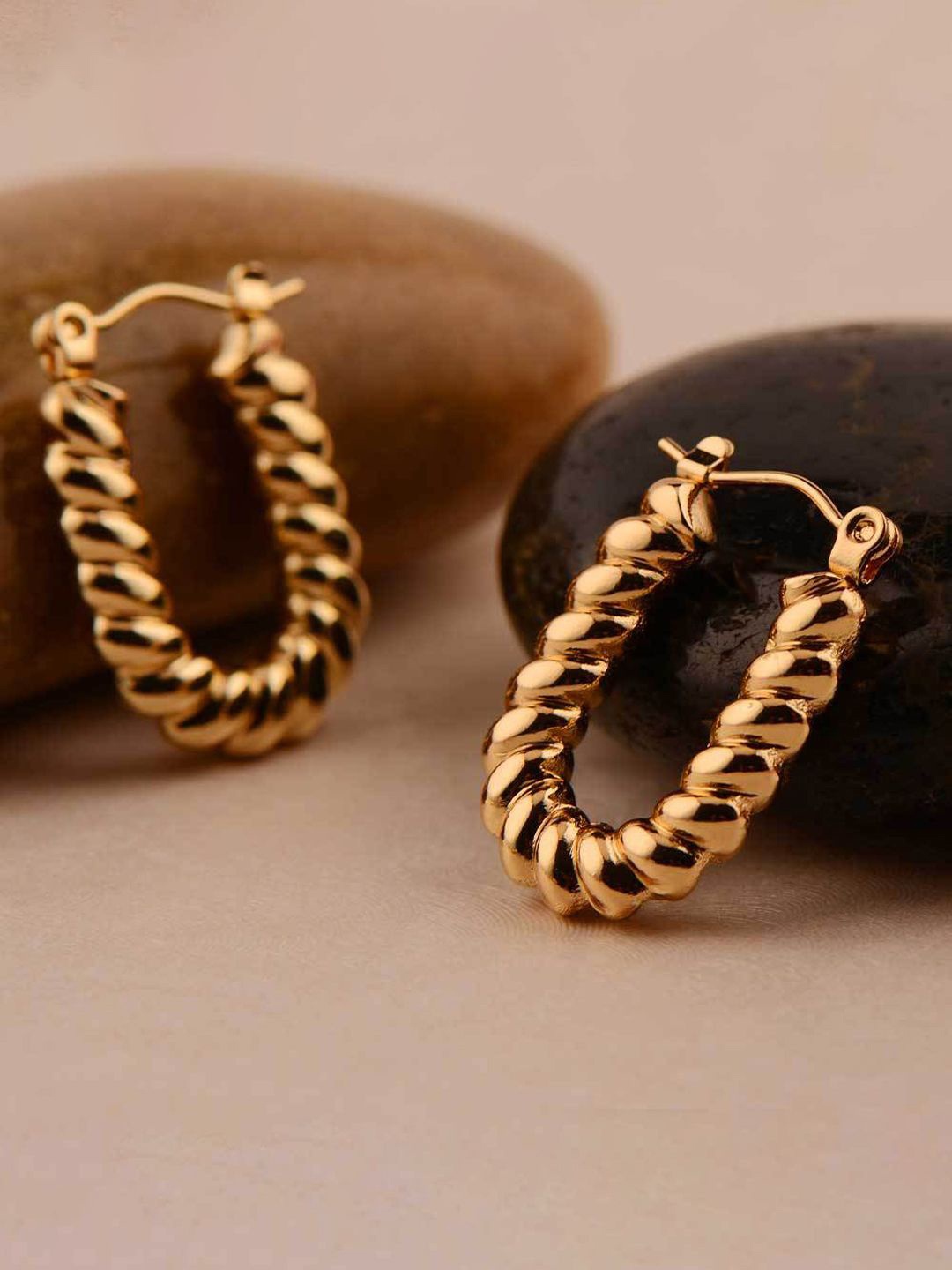 

VAGHBHATT Stainless Steel Gold Plated U-Shaped Twisted Hoop Earrings