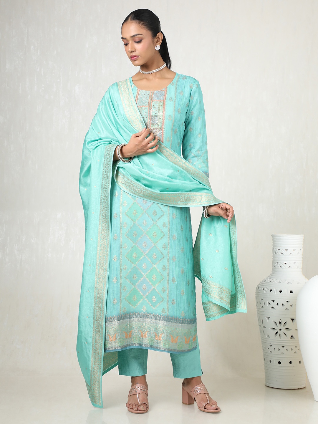 

Soch Women Floral Regular Mirror Work Kurta with Trousers & With Dupatta, Blue