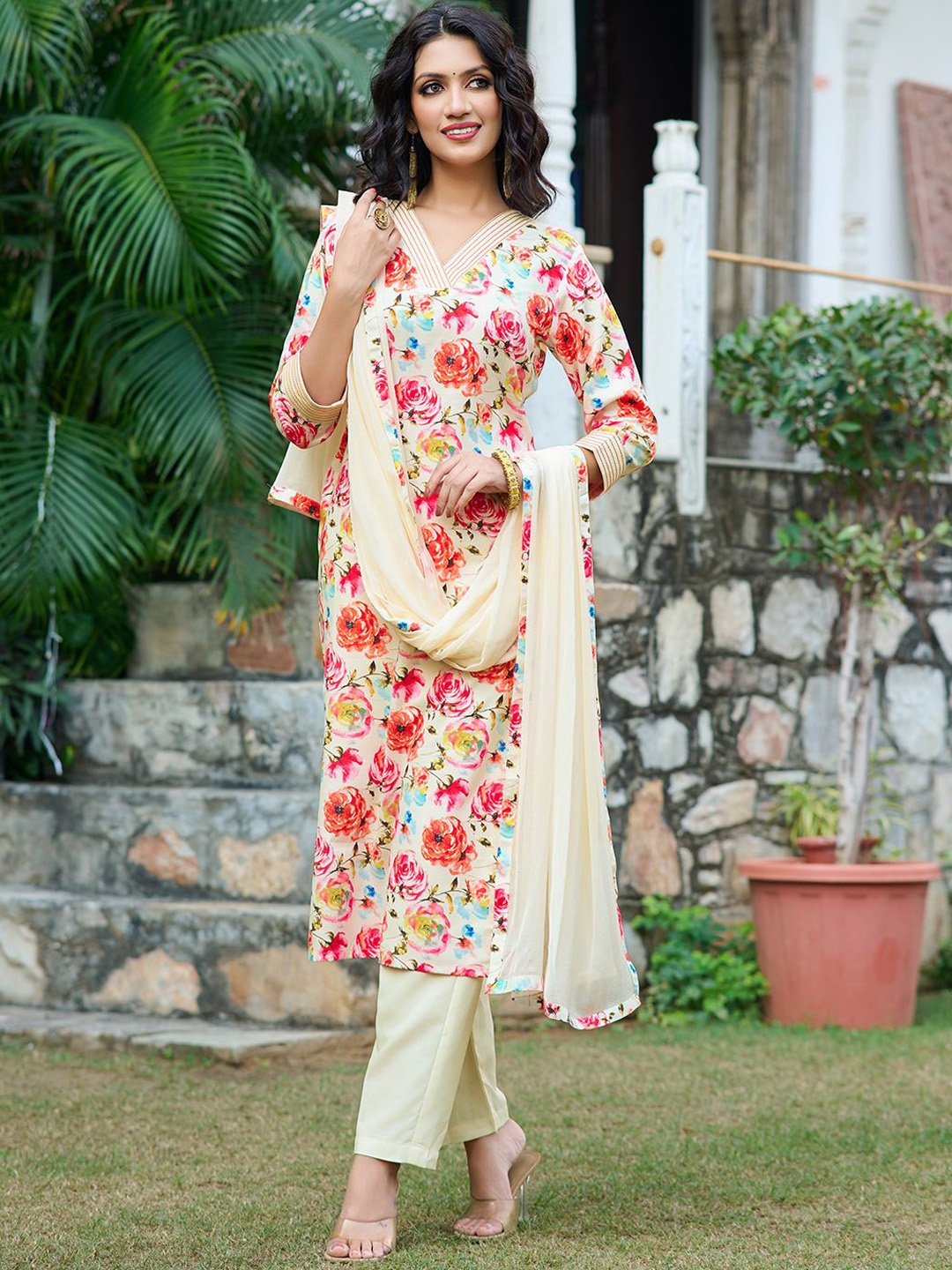 

Moda Rapido Women Floral Printed Regular Kurta with Trousers & With Dupatta, Cream