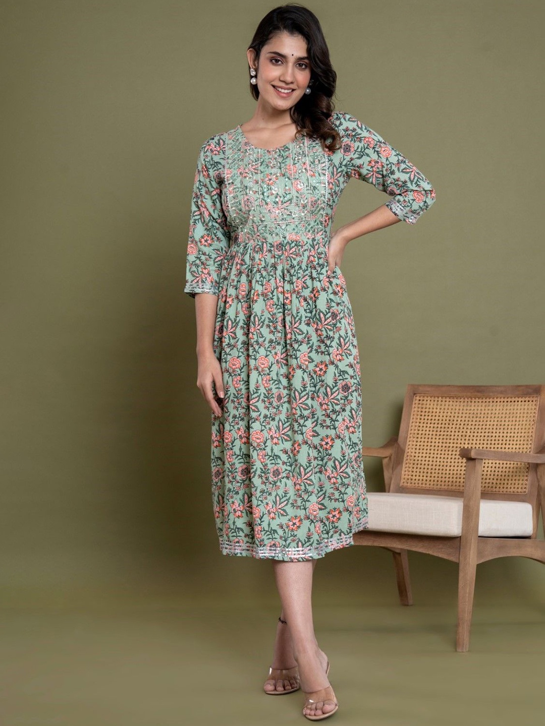 

ASANSHI Floral Printed Round Neck Fit and Flare Ethnic Dresses, Green