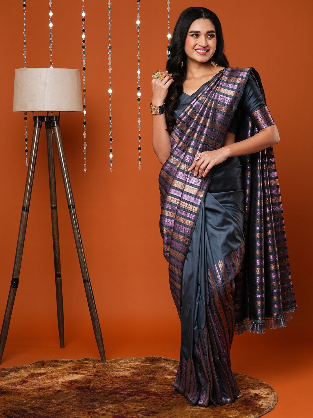 

Mitera Striped Zari Silk Blend Banarasi Saree, Grey