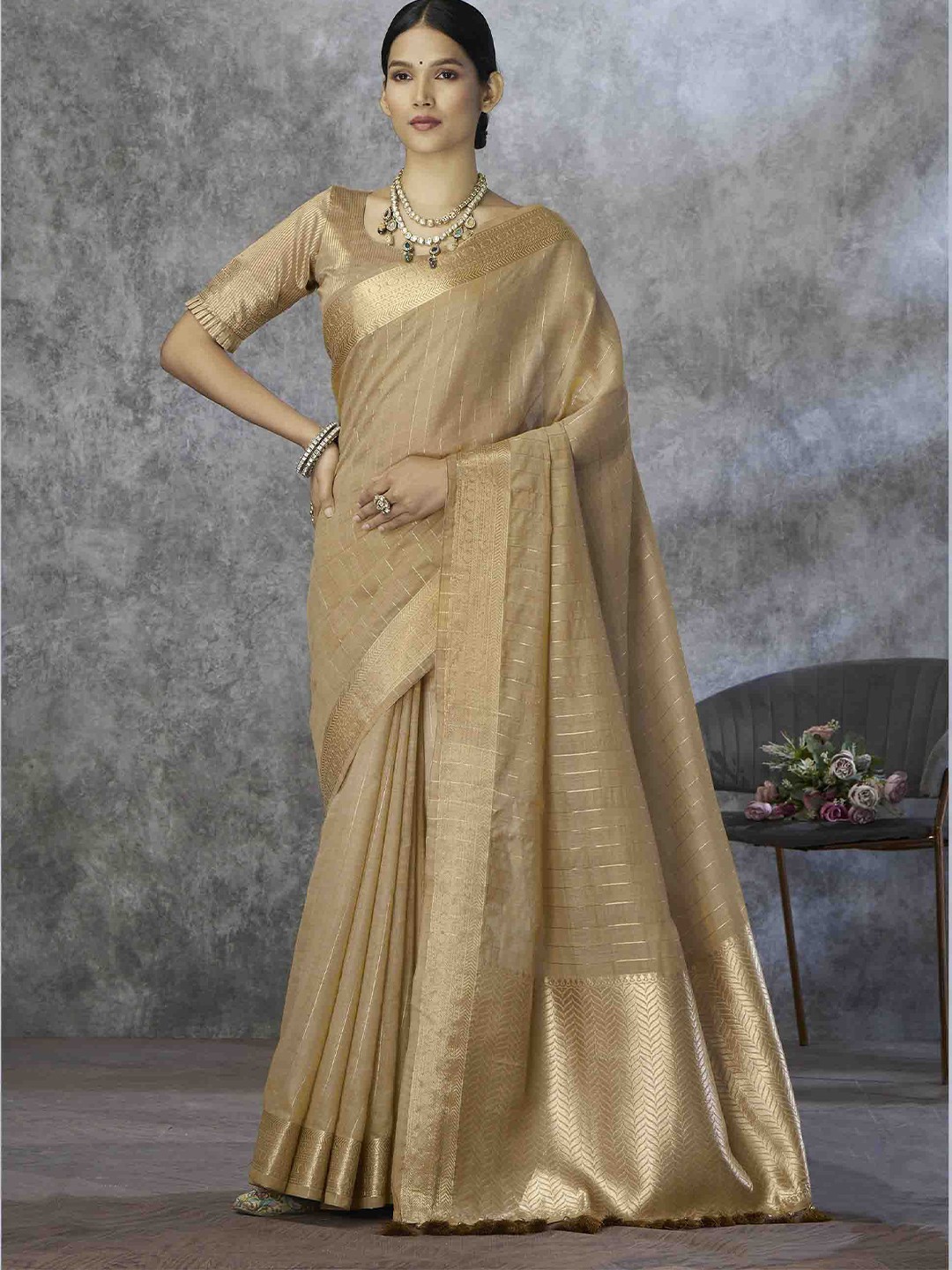 

KIMISHA Striped Zari Silk Blend Saree, Coffee brown