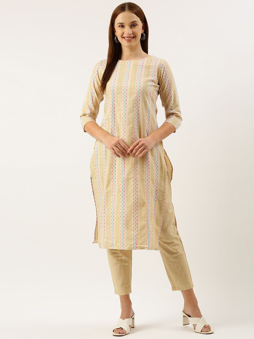 

KALINI Women Striped Regular Kurta with Trousers, Yellow