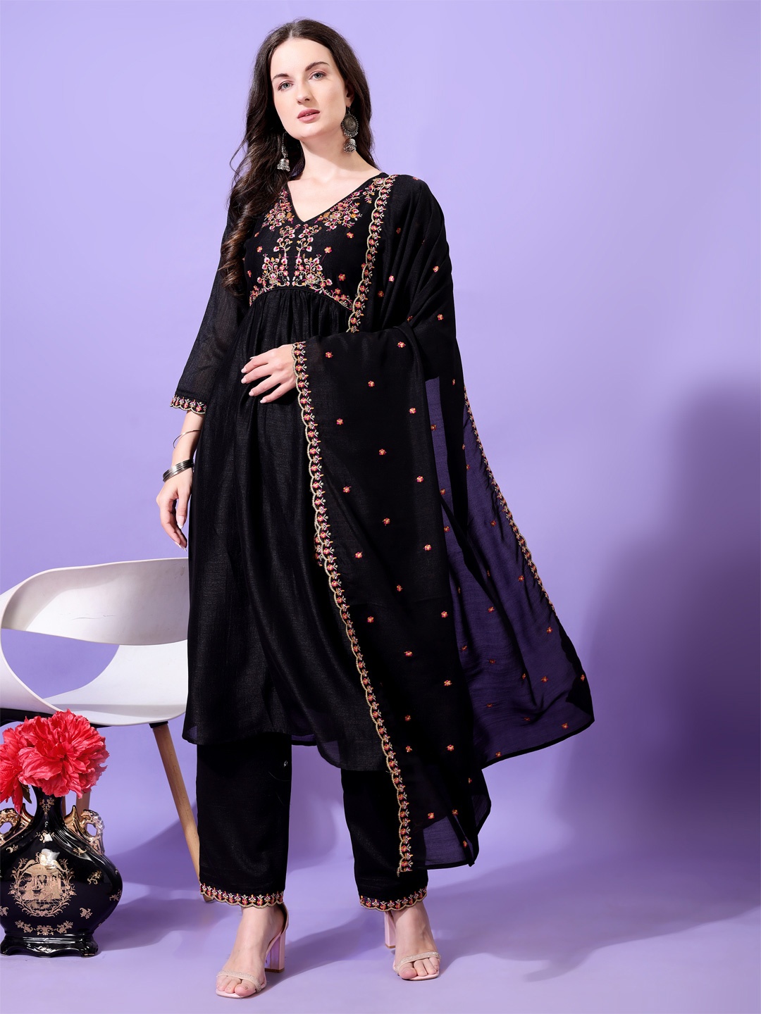 

KALINI Women Ethnic Motifs Embroidered Regular Kurta with Palazzos & With Dupatta, Black