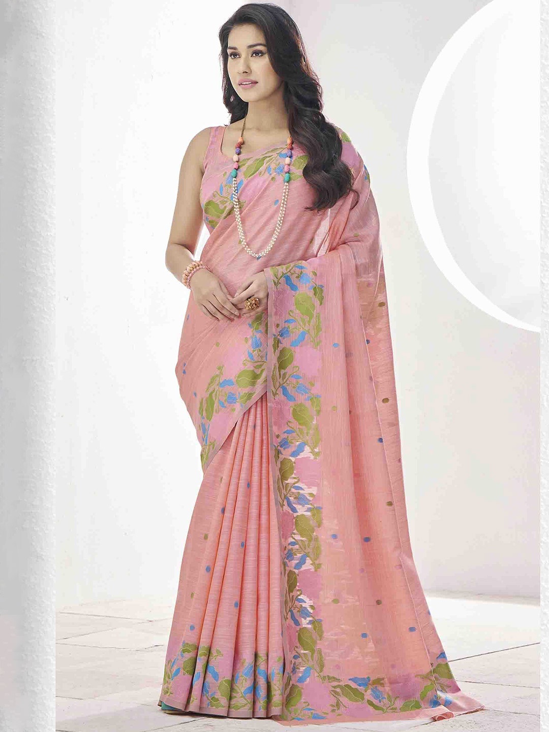 

DIVASTRI Woven Design Linen Blend Saree, Peach