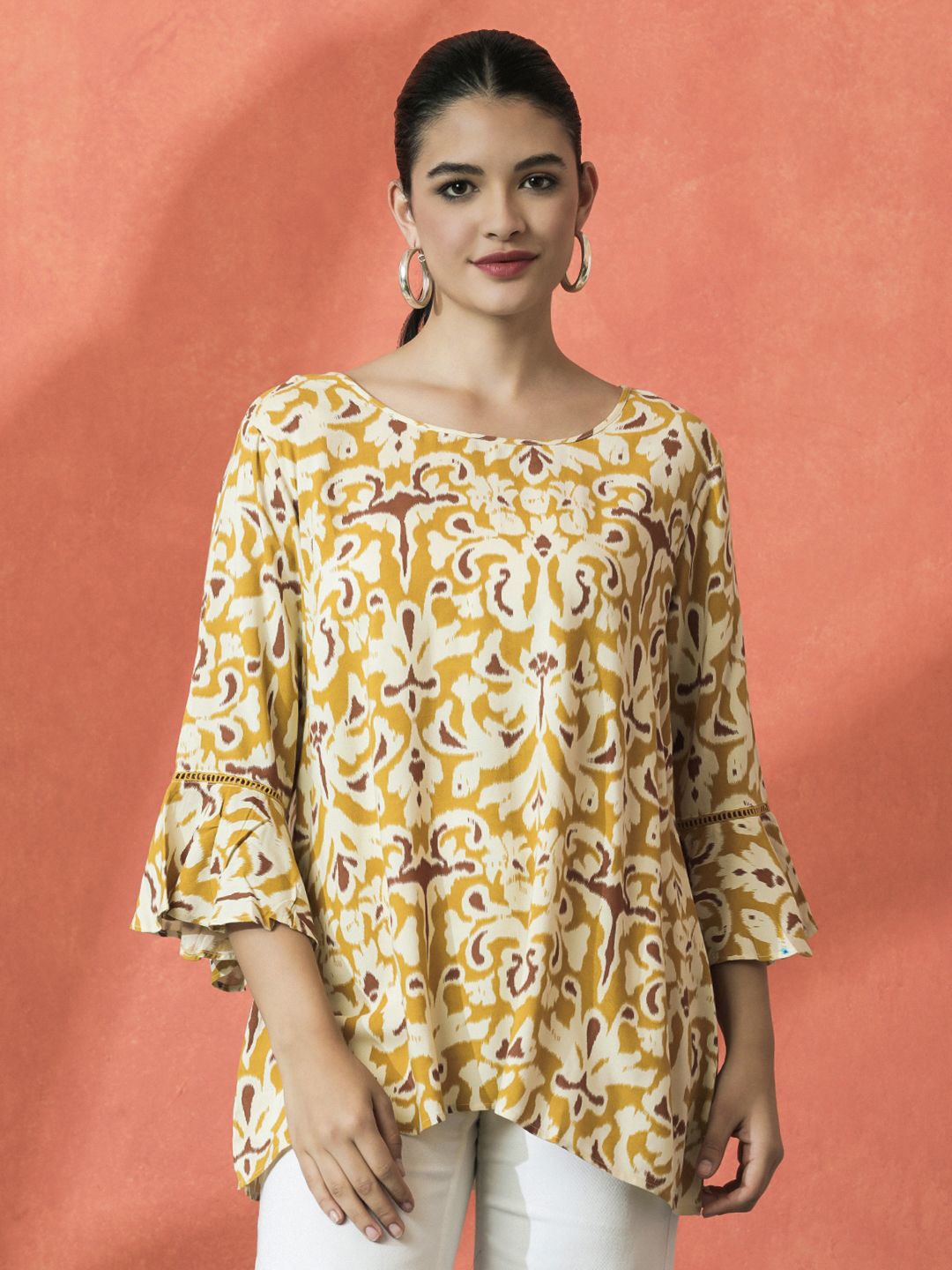 

Sangria Floral Printed A-Line Top, Mustard