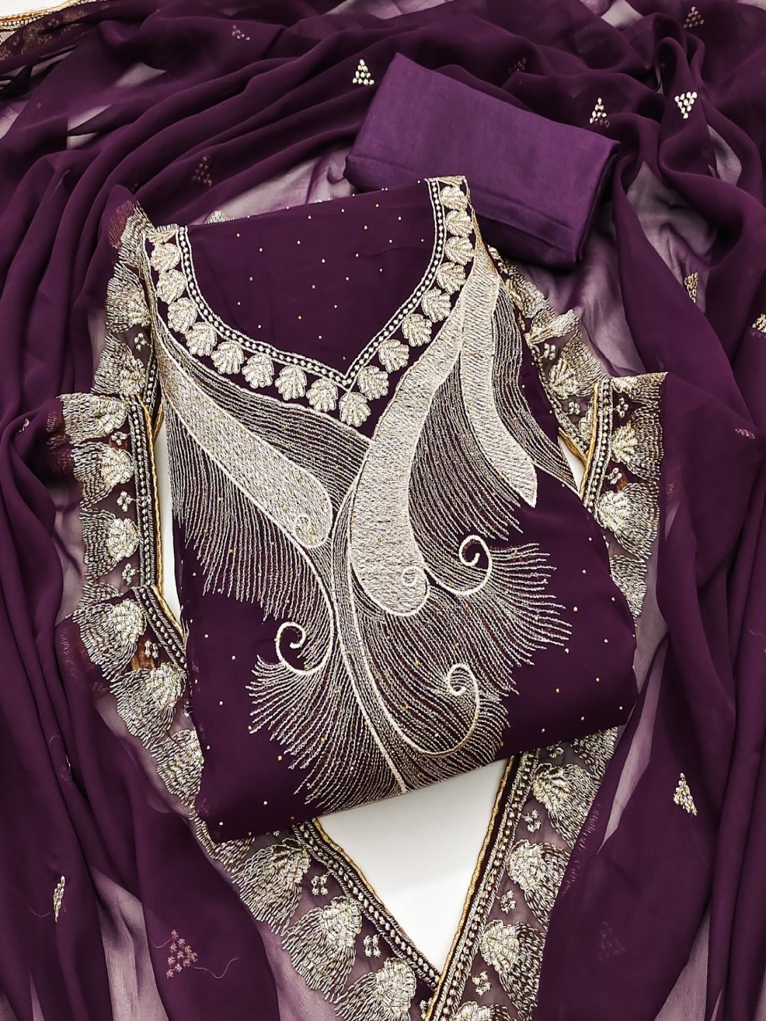 

KALINI Ethnic Motifs Embroidered Zari Georgette Unstitched Dress Material, Purple