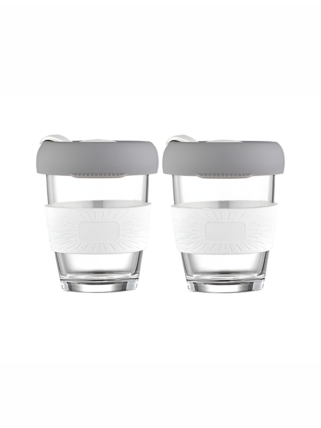 

Baskety White & Grey 2 Pieces Glass Glossy Mugs 350ml With Lid and Silicone Sleeve