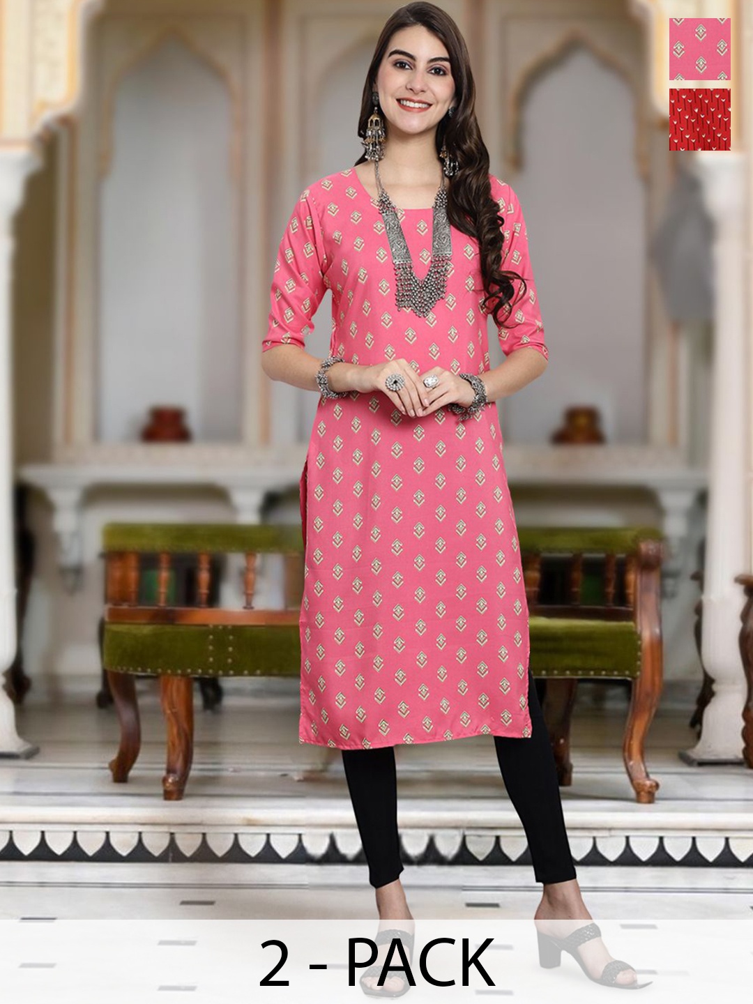 

Moda Rapido Selection Of 2 Floral Printed Round Neck Straight Kurta, Pink