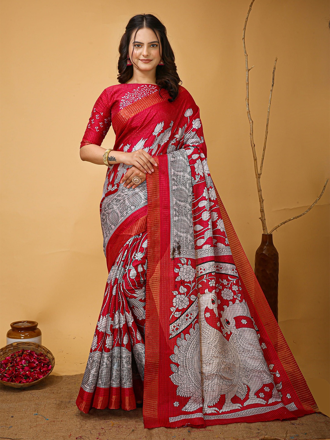 

HI FI NX Ethnic Motifs Zari Pure Cotton Kanjeevaram Saree, Red