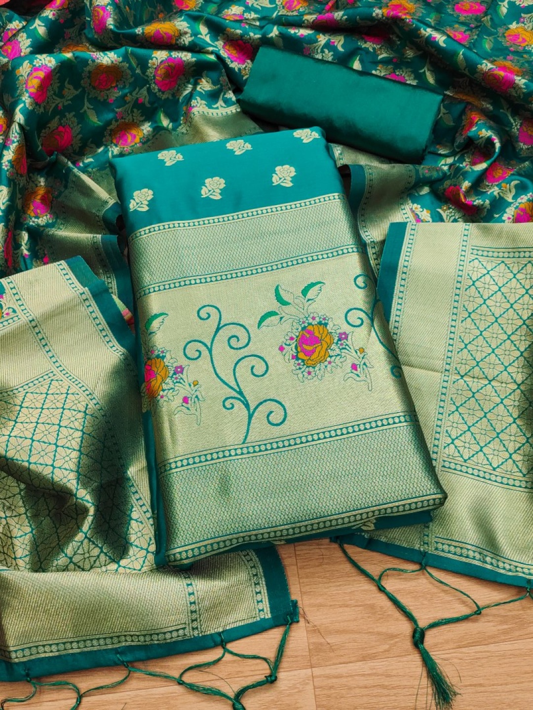 

Rangtulika Ethnics Floral Woven Design Unstitched Dress Material, Teal