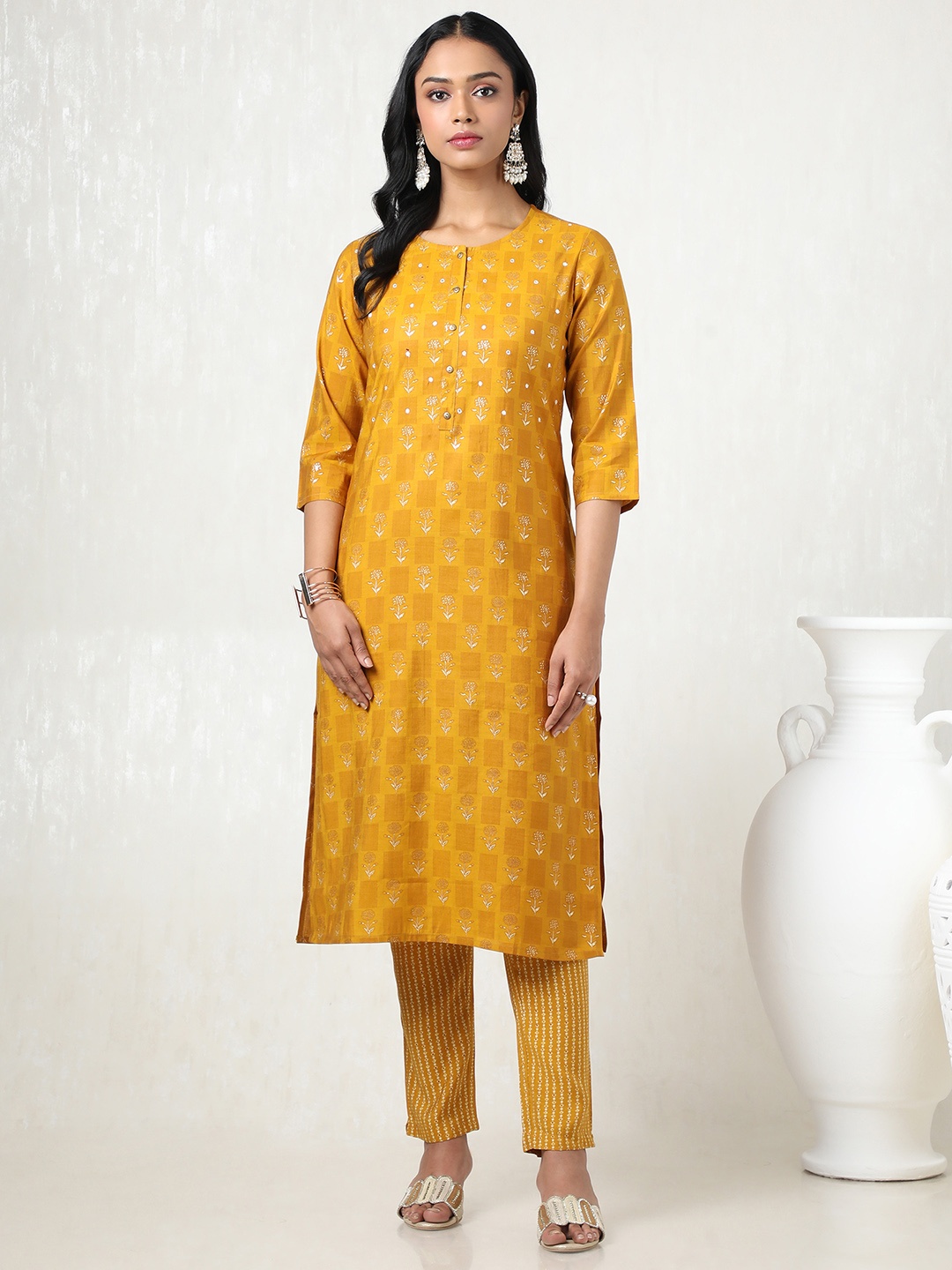 

Soch Women Floral Printed Regular Mirror Work Kurta with Trousers, Mustard
