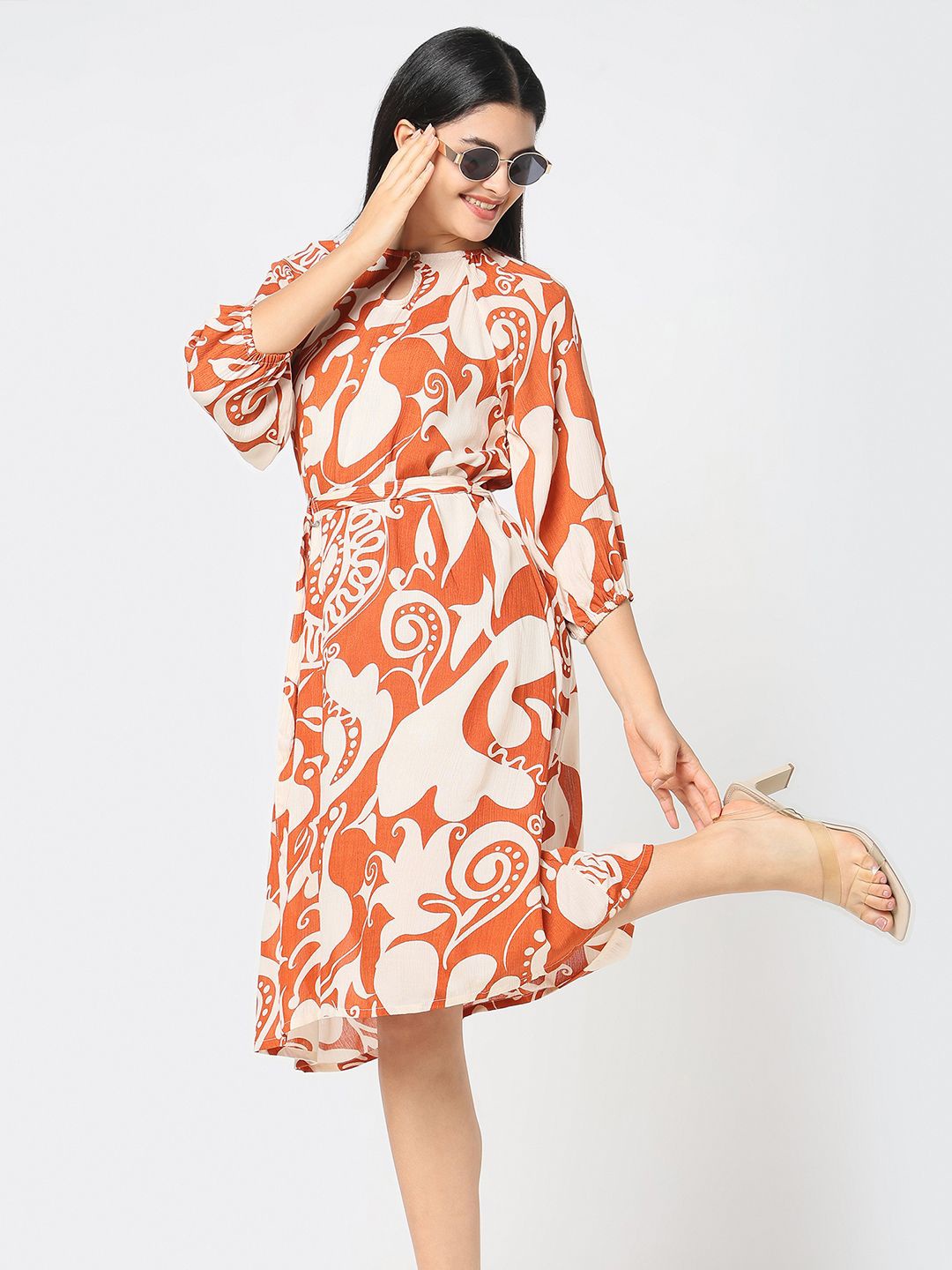 

R&B Floral Print Keyhole Neck Fit & Flare Dress, Rust