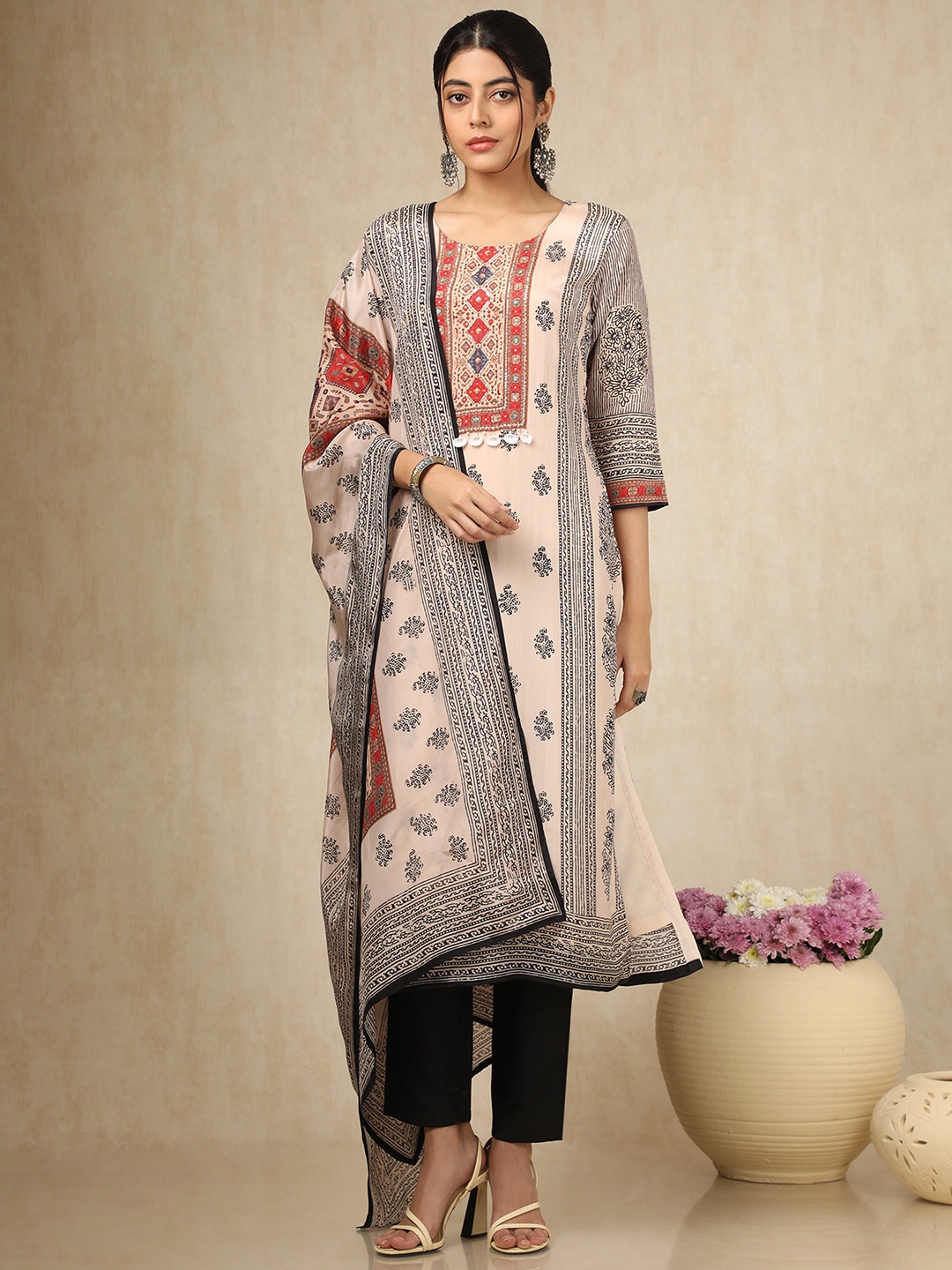 

Soch Women Floral Printed Regular Sequinned Kurta with Trousers & With Dupatta, Cream