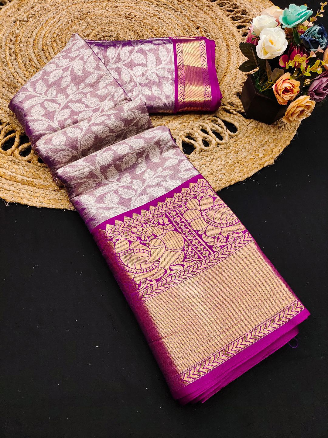 

yourwish Floral Zari Pure Silk Kanjeevaram Saree, Purple
