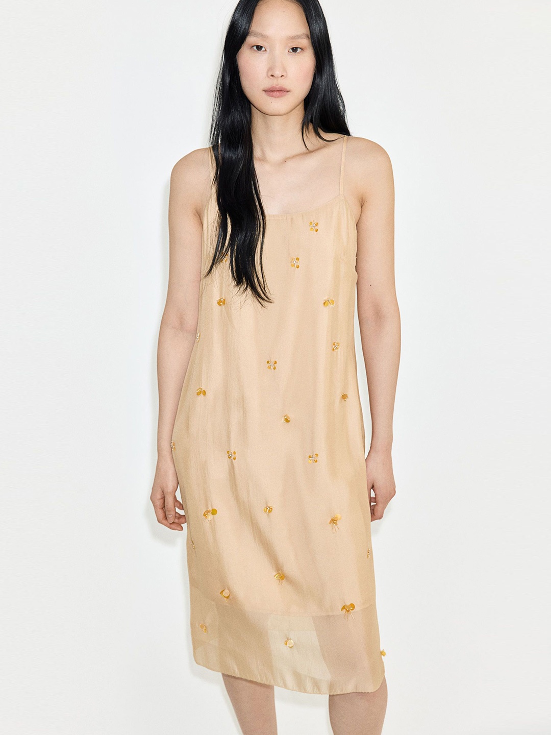 

H&M Sheer Embellished Strappy Dress, Beige