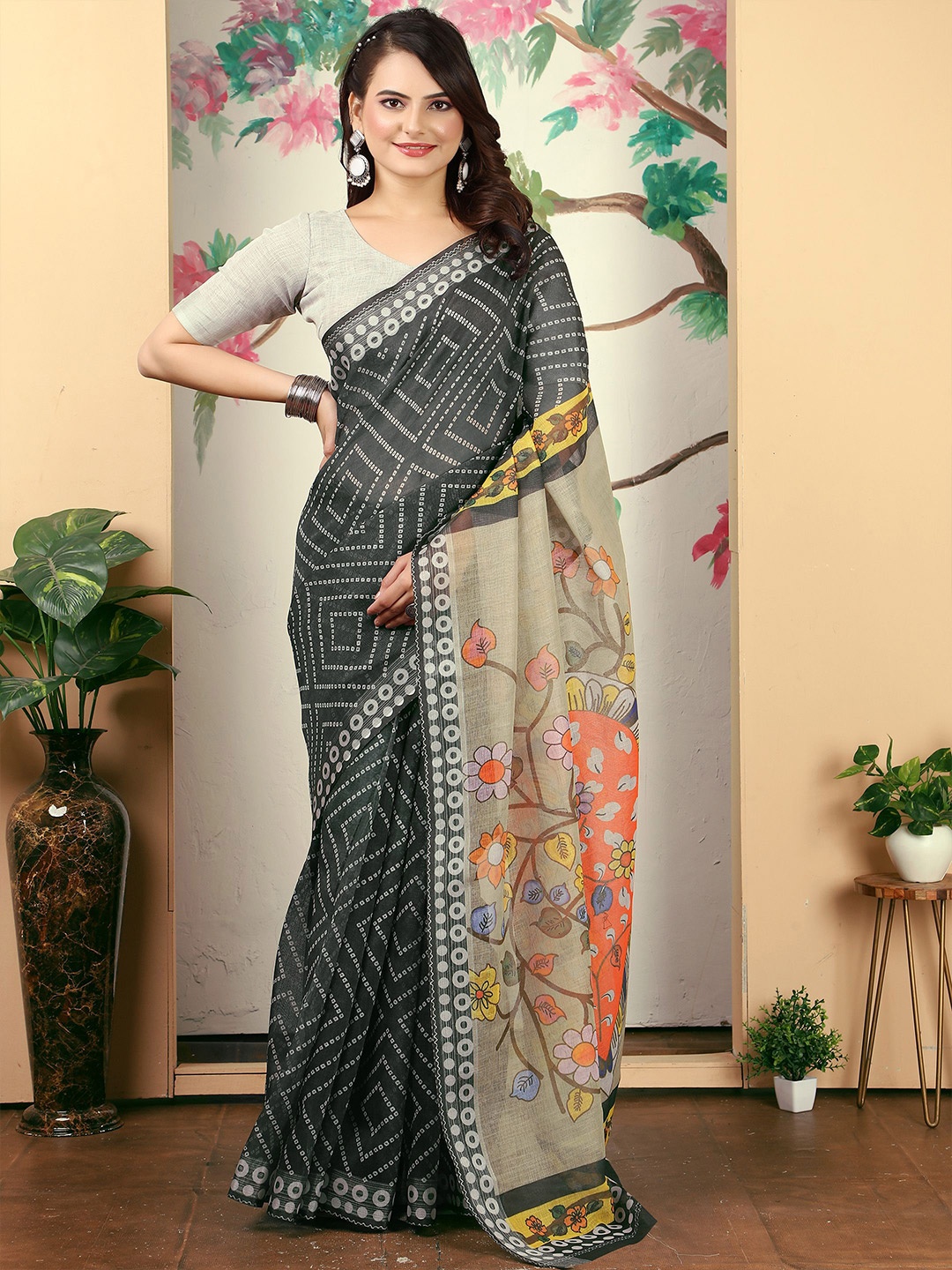 

Anouk Bandhani Linen Blend Bandhani Saree, Black