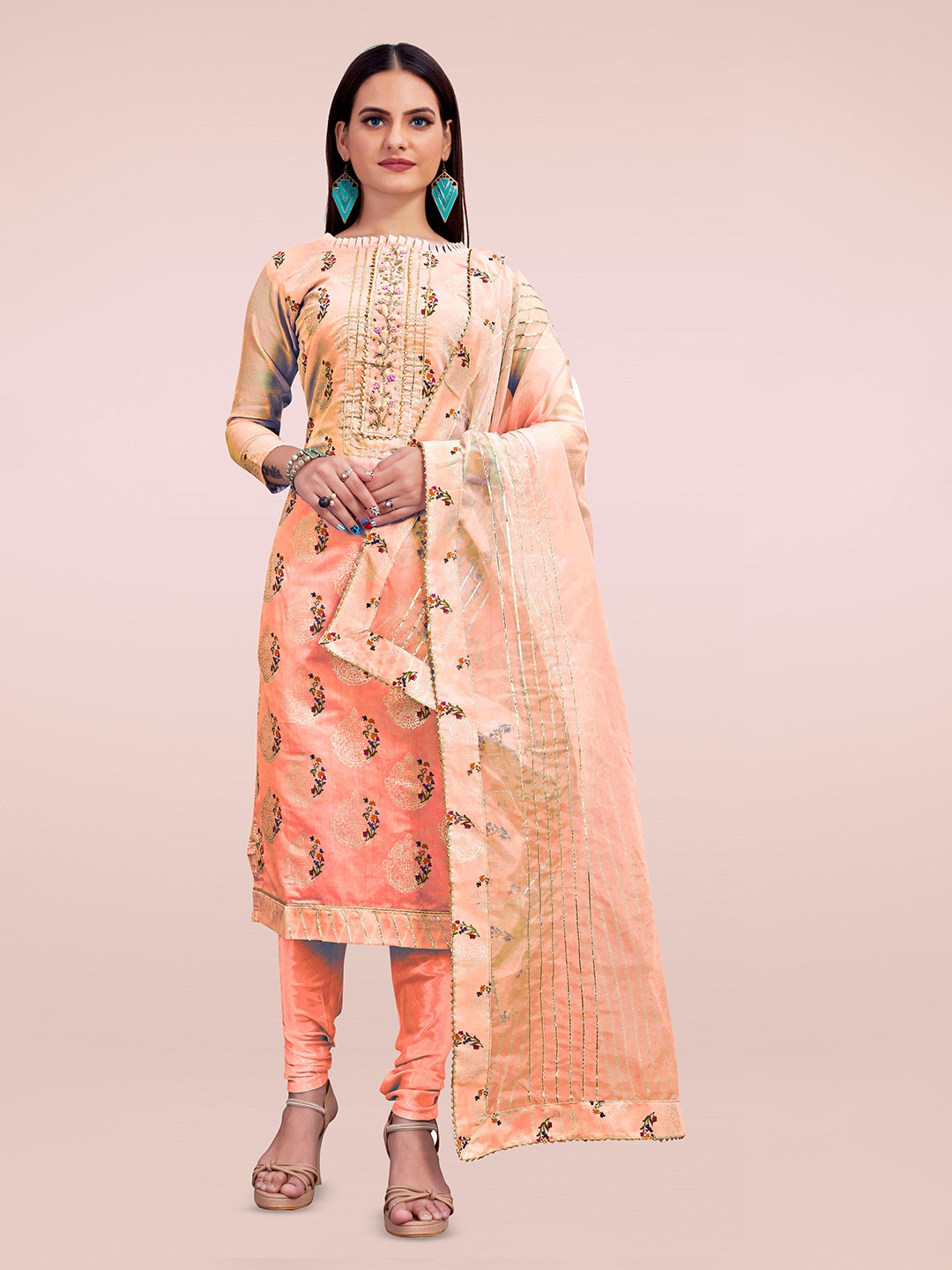 

HERE&NOW Floral Printed Beads and Stones Unstitched Dress Material, Peach